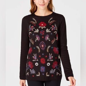 J. Jill Black Floral Embroidered Sweater